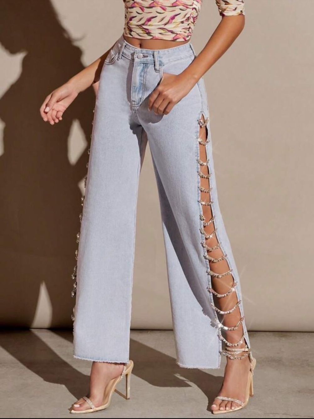 Light Wash Side-Lattice Wide Leg Jeans